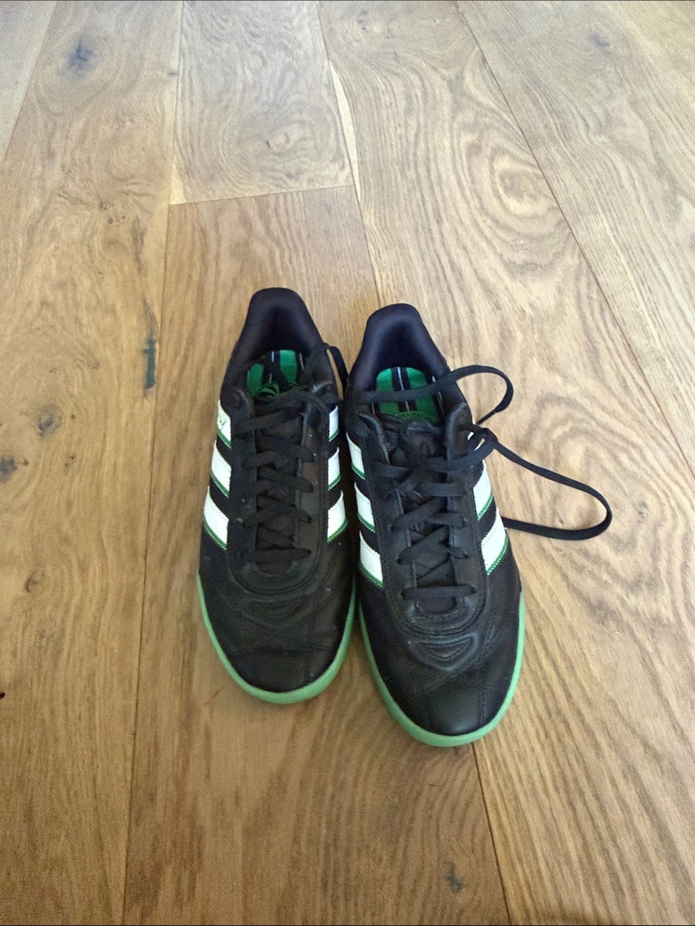 adidas Black and Green Indoor Soccer Shoes with White Stripes